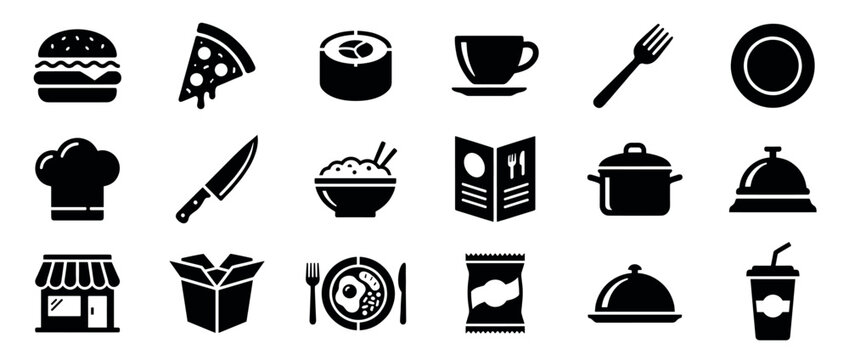 Comprehensive set of black glyph icons representing various food, restaurant, and kitchen related items on a clean white surface
