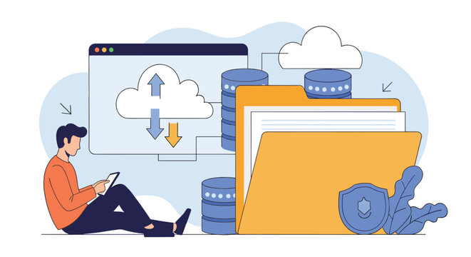 System administrator managing digital file storage and cloud security protocols while monitoring critical server health on a mobile tablet.