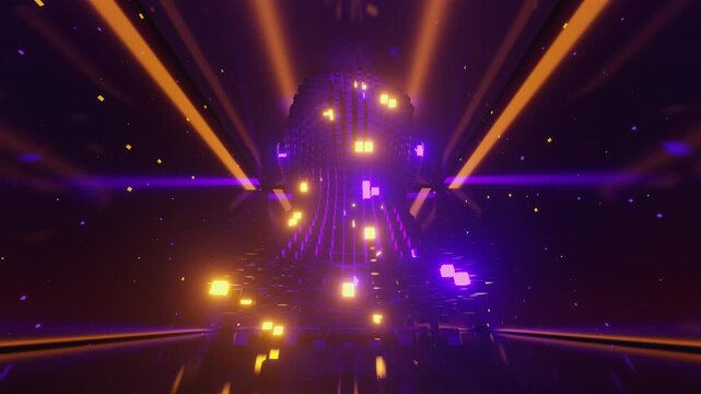 Artificial Intelligence 3d animation with glowing 3D human head made of voxels. Seamless loop of digital mind visualization with purple and orange lights, data particles and futuristic glitch effects