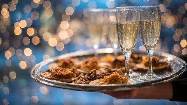 A server presents a tray of appetizers with champagne flutes against a bokeh light background