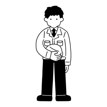 正面を向いてヘルメットを持って立つスーツに作業服を着た男性の単色イラスト