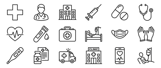 Naklejka premium Comprehensive set of black outline medical icons representing healthcare, treatment, and emergency services on a clean white surface