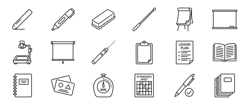 Collection of various outline icons representing classroom and teaching supplies, including pens, markers, boards, and documents