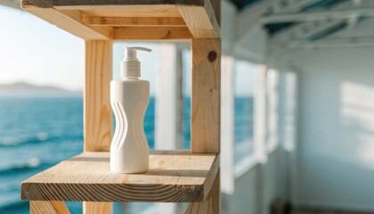 Plakat White dispenser rests on a rustic wooden shelf overlooking the expansive blue ocean view