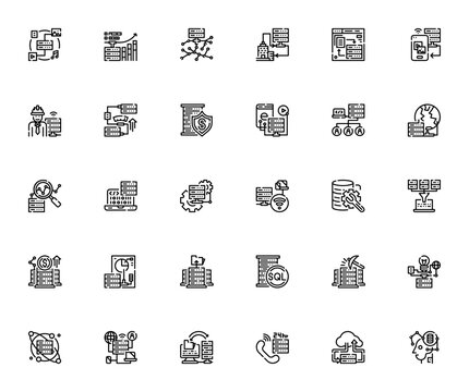 Big Data icon set. Minimal vector icons pack. Includes symbols for variety, growth, volume, security, cloud, analytics, machine and more. Editable stroke.