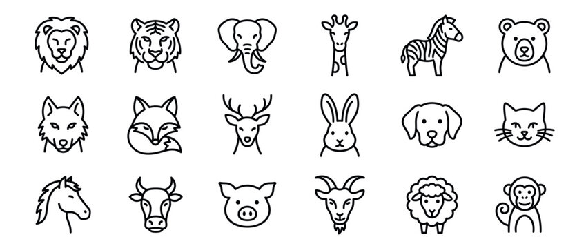 Collection of various animal outline icons featuring wild and domestic creatures in a simple, clean line art style