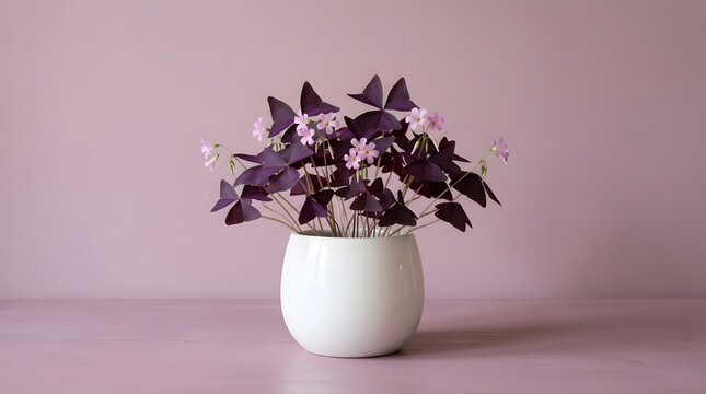 Oxalis triangularis arrangement in white ceramic vase against lilac backdrop