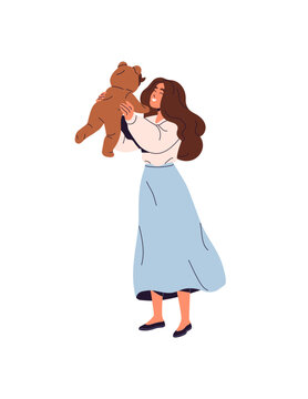 Mother holds, throws up her baby. Happy mom plays with newborn in cute kigurumi. Young woman and kid have fun together. Joyful family-parent with child. Flat isolated vector illustration on white