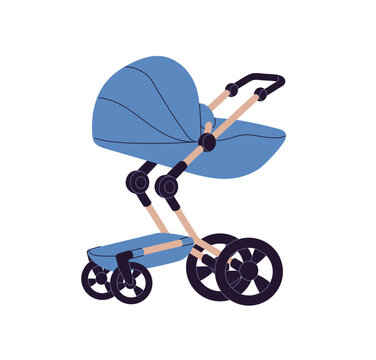 Blue baby stroller with storage basket. Kids carriage with cradle for infants. Child pushchair for newborns. Modern walking pram with canopy. Flat isolated vector illustration on white background