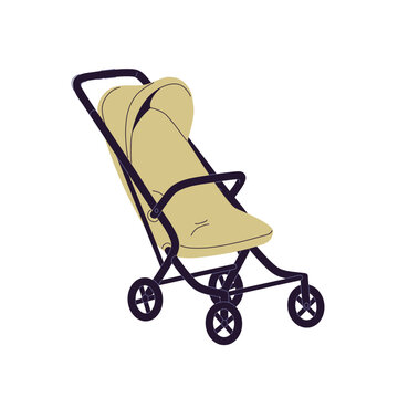 Modern stroller for toddlers. Trendy buggy, foldable baby carriage for walking. Empty pram for little kids. Child pushchair with canopy. Flat isolated vector illustration on white background