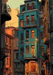 Obraz premium Charming Blue Building in a Narrow European Streetscape.