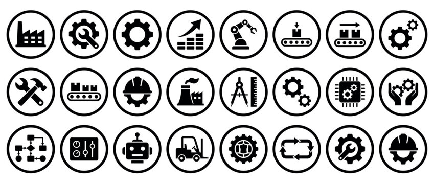 Comprehensive collection of black and white industrial and engineering icons, depicting various manufacturing processes and tools