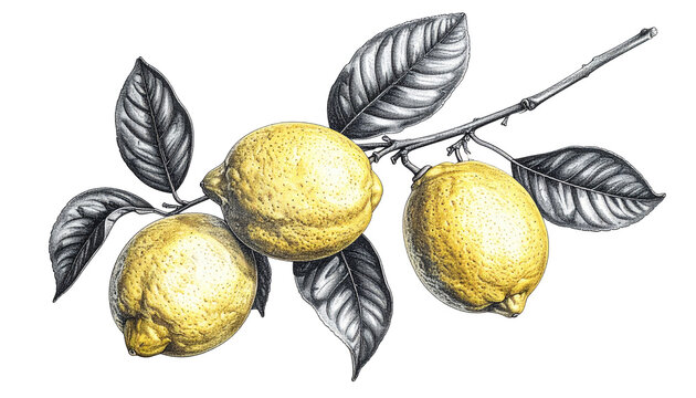 Digitally enhanced botanical illustration of three vibrant lemons on a branch with detailed, stylized grey leaves, set against black
