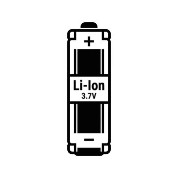 Black and white Li-ion 3.7V battery icon in flat design style with positive and negative terminals on a clean white background