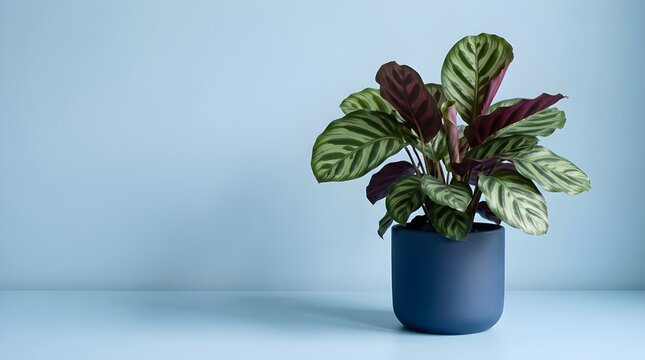 Calathea ornata plant in dark blue pot against light blue wall