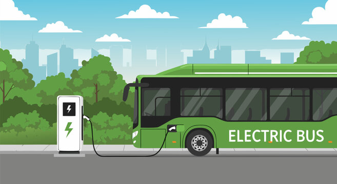 Green electric bus charging in a futuristic city, vector illustration of sustainable public transport and clean energy technology