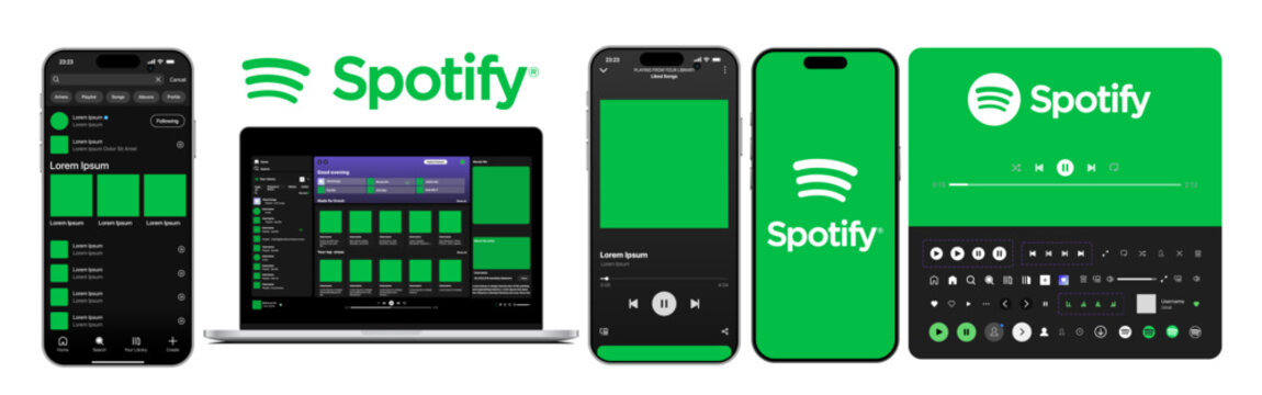 Spotify music streaming app UI mockup template. Spotify mobile audio player interface design for music listening playlist and streaming platform.	