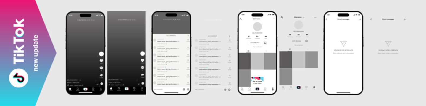 Tiktok. Tik tok mobile App interface template. Tiktok mockup social media template. mobile app interface template on social network. Tiktok Home, User, activity template.	