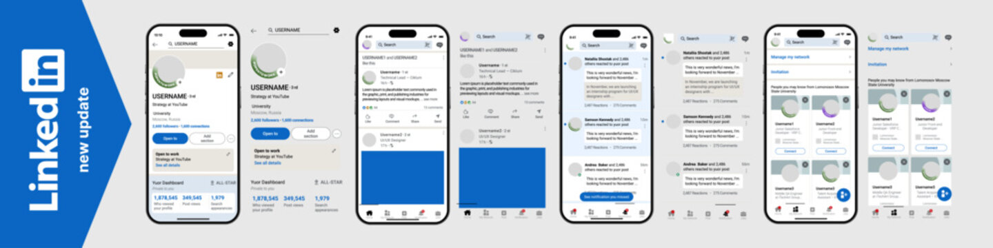 LinkedIn UI mockup template. LinkedIn profile, job feed, post layout, and connection request system for versatile design and user experience.	