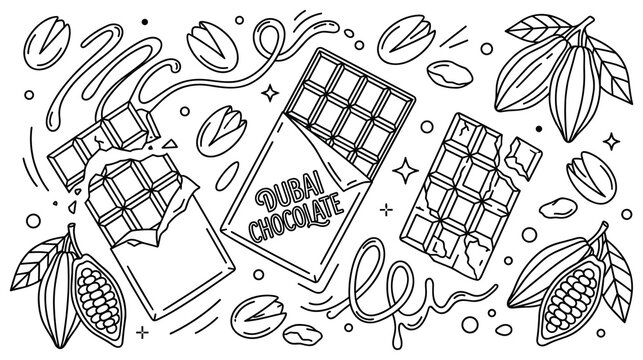 Dubai chocolate bar and pistachio nut line art for food design.