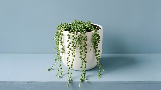 String of pearls plant in white pot on blue background