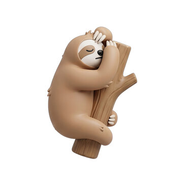 Cute 3D Sloth Sleeping on a Tree Branch