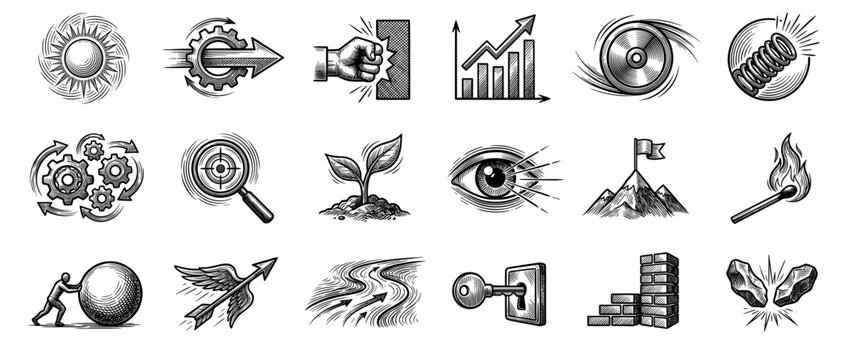 Collection of black and white hand-drawn icons depicting various concepts like growth, challenge, and progress, rendered in a vintage engraving style