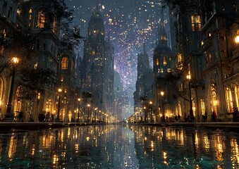 Naklejka premium Cityscape at Night with Water Reflections and Illuminated Buildings.