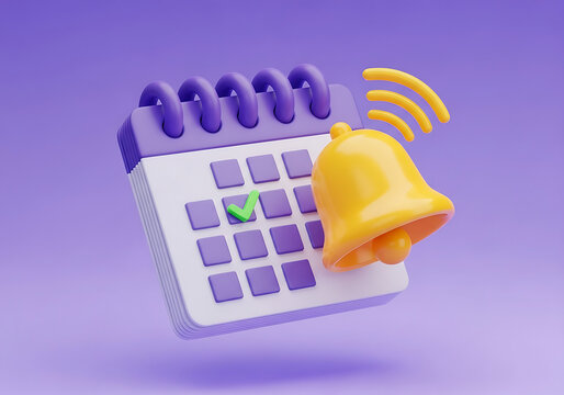 3D calendar planner with notification bell and green checkmark calendar notification checkmark schedule reminder planning management business organization deadline productivity
