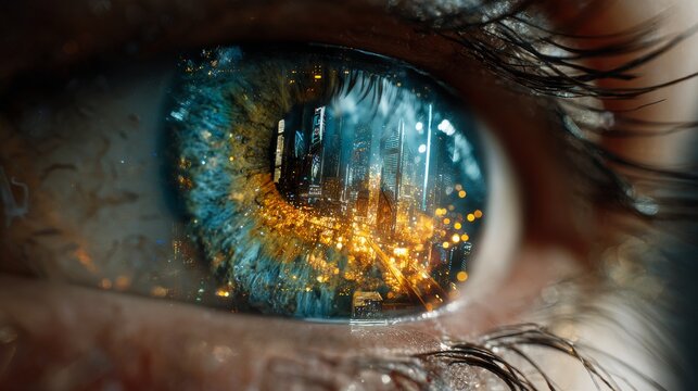 Futuristic city reflected in a human eye, ultra-detailed cyberpunk glow 
