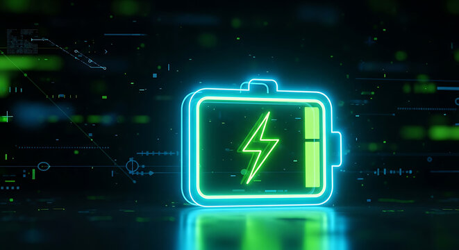 Neon glowing battery icon with digital lightning bolt symbol representing power and charging status charging electricity technology lightning capacity abstract innovation electronics