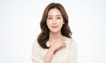 Obraz premium Half-body portrait of a beautiful Korean-style Asian woman with smooth ivory skin