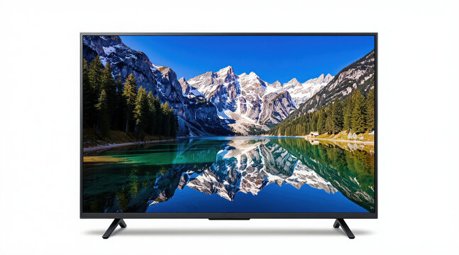 Modern flat screen TV displays majestic mountain lake scenery. This television offers crystal clear picture quality and vibrant colors for home entertainment.
