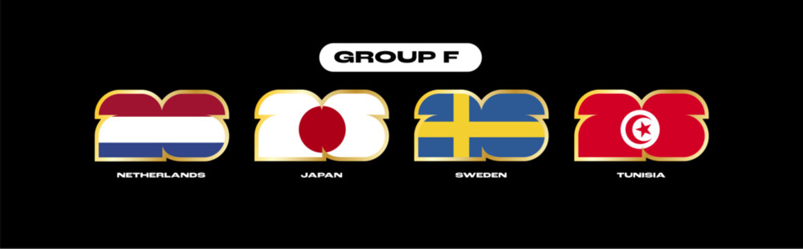 International soccer competition graphic featuring group F flags netherlands, japan, sweden, tunisia