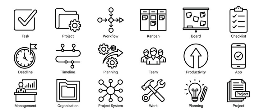 Comprehensive collection of project management outline icons for business, planning, and workflow visualization in a clean, modern style