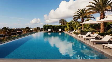 Fototapeta premium Rooftop infinity pool reflects blue sky and clouds. Tropical palm trees and green plants surround sleek loungers and umbrellas. Cityscape visible across the water edge.