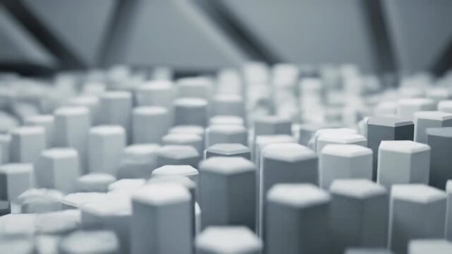 Expansive field of smooth matte white and light gray hexagonal columns performing an undulating, rhythmic wave-like pattern on a minimalist background, shallow dof, clean studio light. Serene
