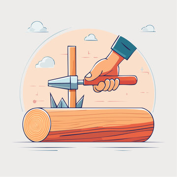 Hand hammering a wedge into a log