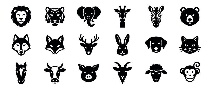 Collection of various animal head icons in a simple, bold black silhouette style, arranged neatly on a white surface
