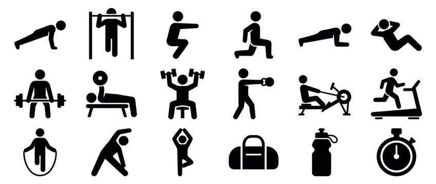 Various black silhouette fitness icons illustrate different exercises and gym equipment for a healthy lifestyle, presented in a clean, graphic style