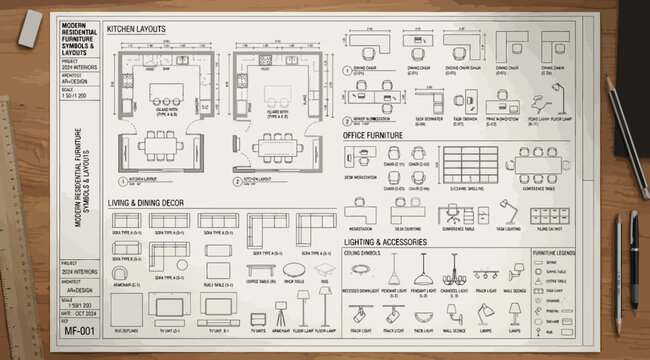 Modern residential furniture symbols and interior layout design plan