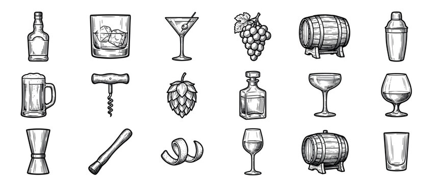 Various hand-drawn bar and alcohol related items are neatly arranged in a grid, showcasing a vintage engraving style