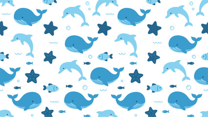 Fototapeta premium Seamless blue whale pattern with stars on white background for design projects.