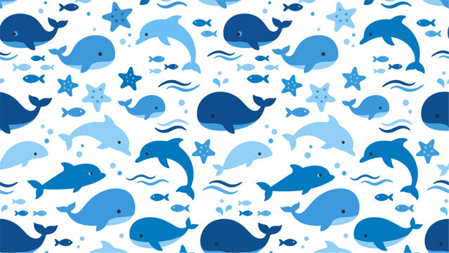 Silhouetted blue whales, dolphins, and fish in a repeating oceanic pattern.