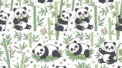 Playful panda and bamboo pattern featuring repeating black and white pandas among green bamboo stalks. © izzstudio