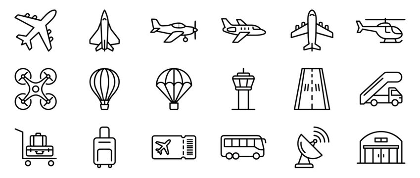 Comprehensive collection of black outline icons representing various aspects of air travel and aviation, presented in a clean, modern style
