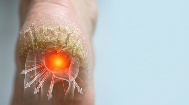 Medical visualization of a foot callus showing pressure distribution and inflammation on a toe