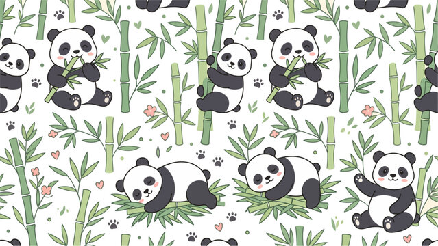 Playful panda and bamboo pattern featuring repeating black and white pandas among green bamboo stalks.
