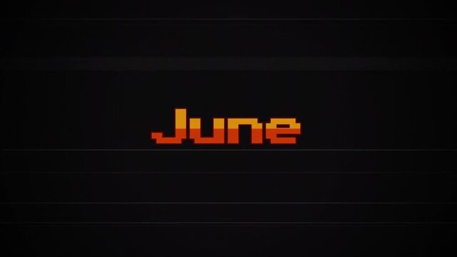 June Pixel Art Text Animation on Retro 8-bit Game Background, Vintage Arcade Style, VHS Glitch Effect, CRT Scanline Interference, Gaming Calendar, Pixelated Graphic 4k video