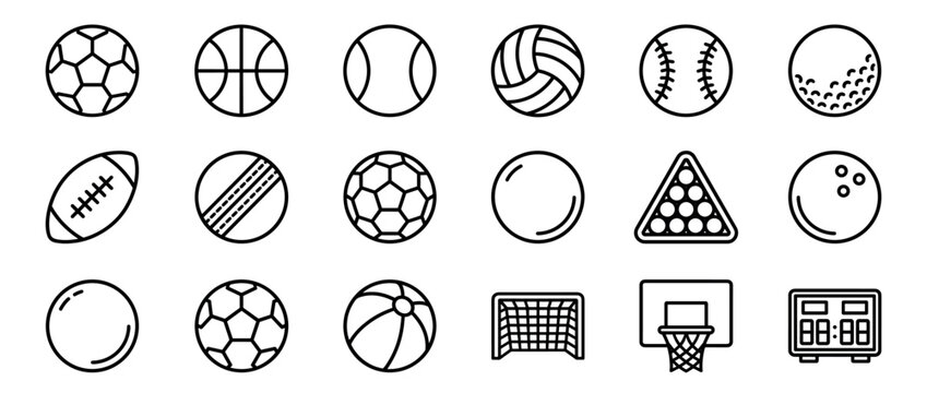 Comprehensive collection of various sports equipment icons, including different balls, goals, and a scoreboard, presented in a clean line art style